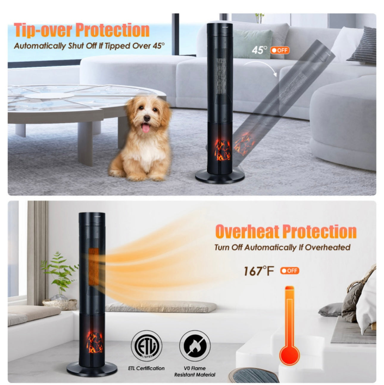 Ceramic Tower Heater 3D Flame 2000W